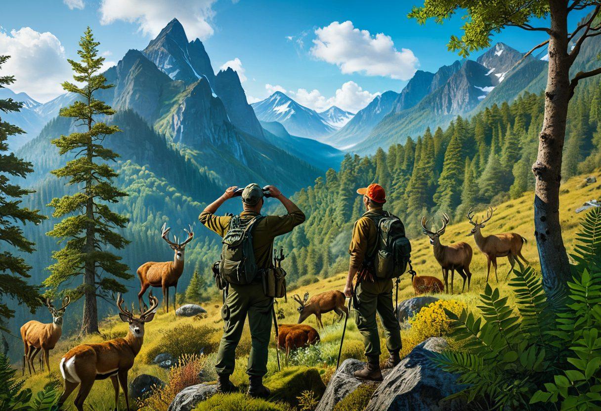 A skilled hunter in a lush green forest, skillfully tracking wildlife with binoculars in hand. The scene should capture vibrant animals peeking through the dense foliage, highlighting the essence of wilderness exploration. In the background, a distant mountain peak rises under a clear blue sky. The overall atmosphere conveys adventure and mastery of nature. super-realistic. vibrant colors. 3D.