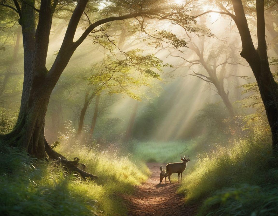 A serene outdoor landscape showcasing a dense forest with sunlight filtering through the trees, a skilled hunter crouching with a bow in hand, focusing intently on a distant target. The scene features a variety of wildlife such as deer and birds, emphasizing the beauty of nature and the thrill of hunting. A soft mist rolls over the ground, adding an air of mystery. vibrant colors. super-realistic.