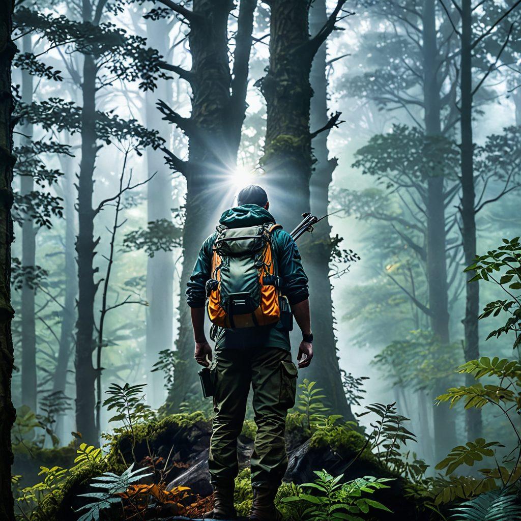 An adventurous scene showcasing a dense, misty forest filled with majestic trees and hidden wildlife, featuring a hunter in camouflage gear carefully observing through binoculars. Surrounding the hunter, essential equipment like a bow, quiver, and a backpack with maps symbolizing outdoor exploration. The atmosphere is filled with a sense of excitement and discovery, with dappled sunlight filtering through the leaves. super-realistic. vibrant colors. dramatic lighting.